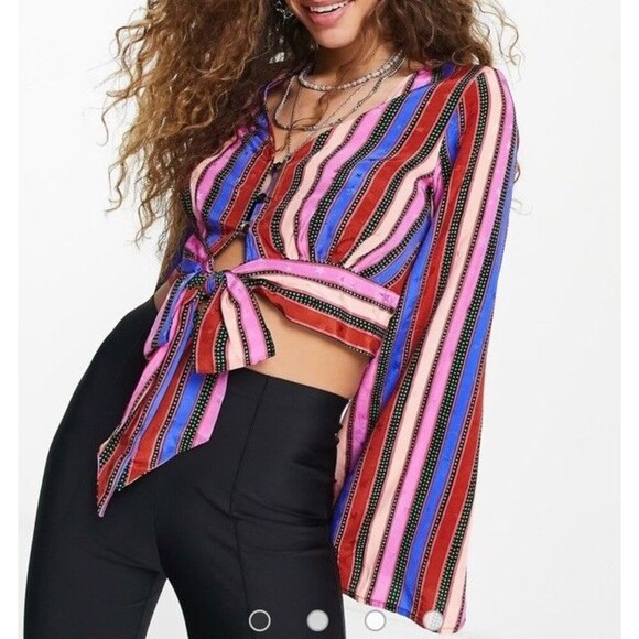Topshop Tops - Topshop Striped Long Sleeve Tie Front Crop Top Stars 4th of July Women’s Size 2